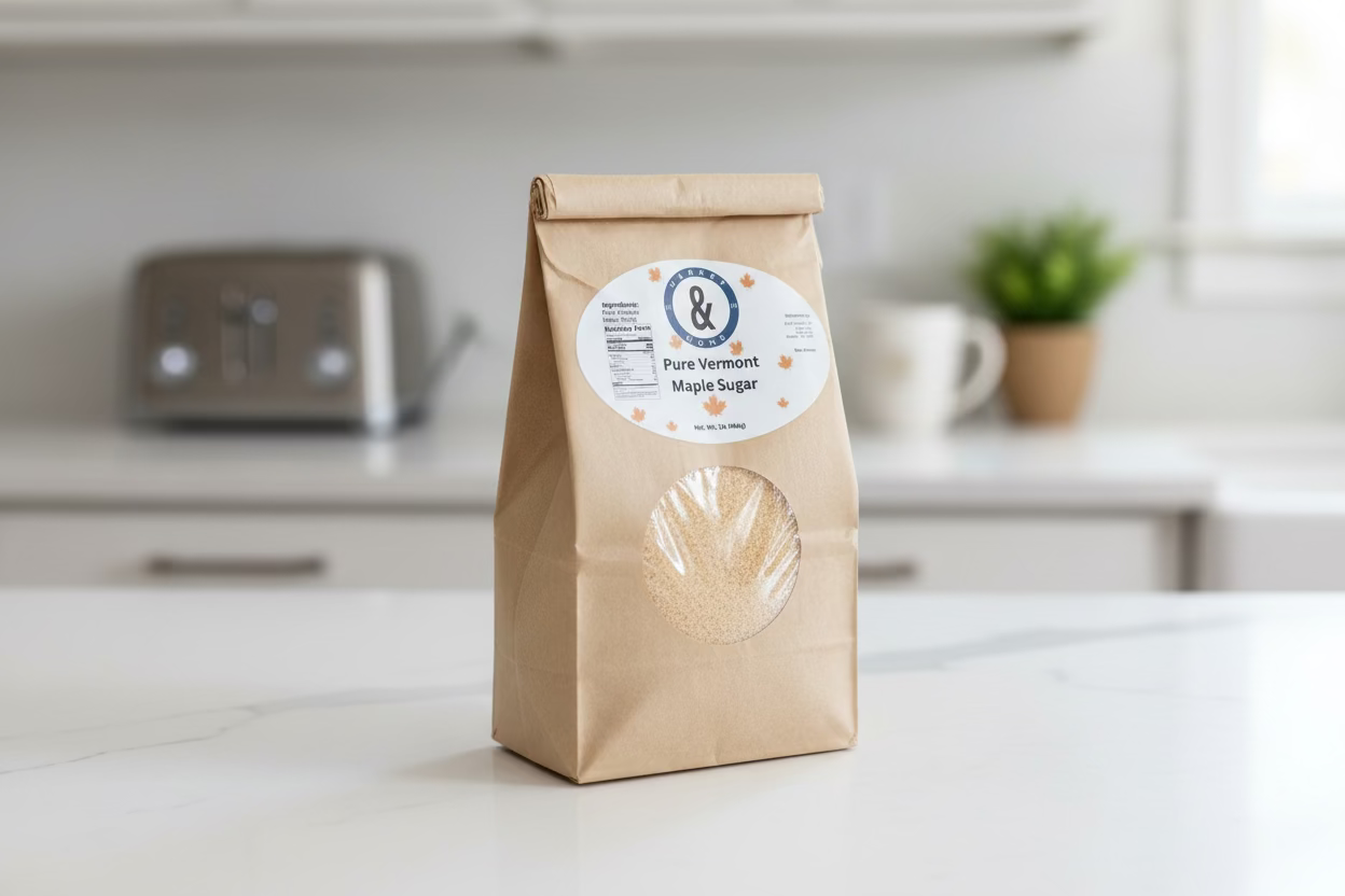 Hand holding a package of Pure Vermont Maple Sugar with a blurred green background