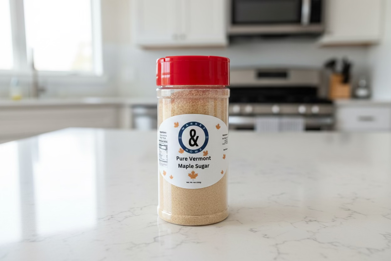 Hand holding a container of Pure Vermont Maple Sugar with a red lid against a green background