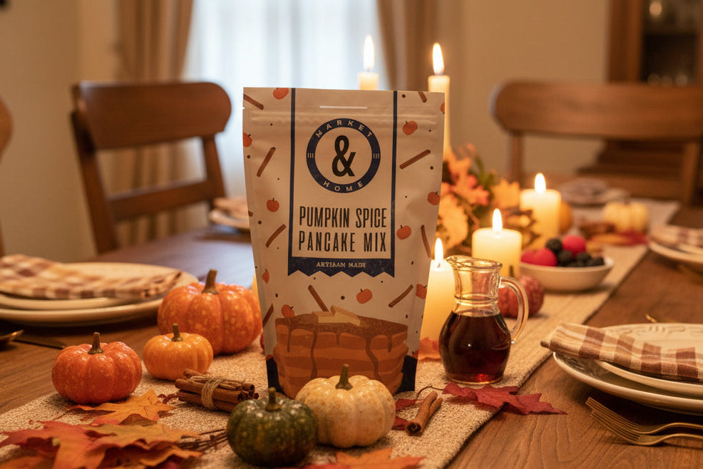 Bag of pumpkin spice pancake mix on a counter