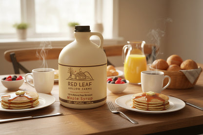 Jug of Red Leaf Hollow Farms maple syrup on a breakfast table