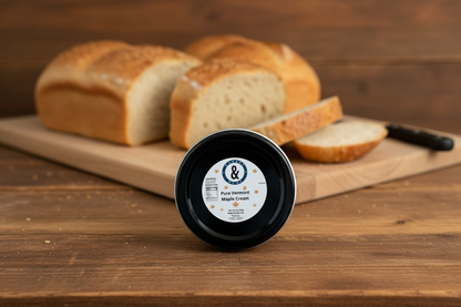 Hand holding a container of Pure Vermont Maple Cream with a grassy background