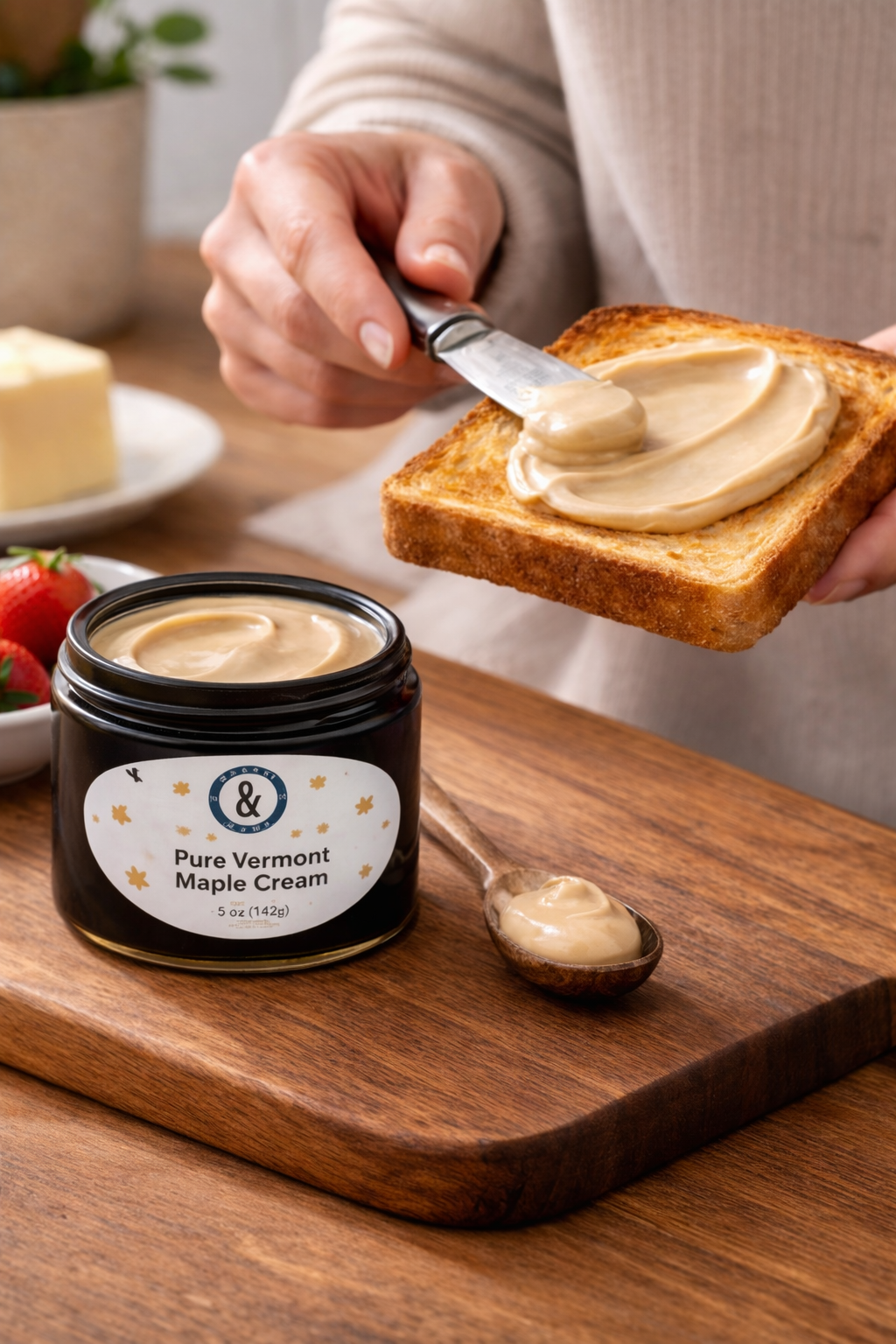 Person spreading maple cream on toast with a jar of the product on a wooden cutting board.