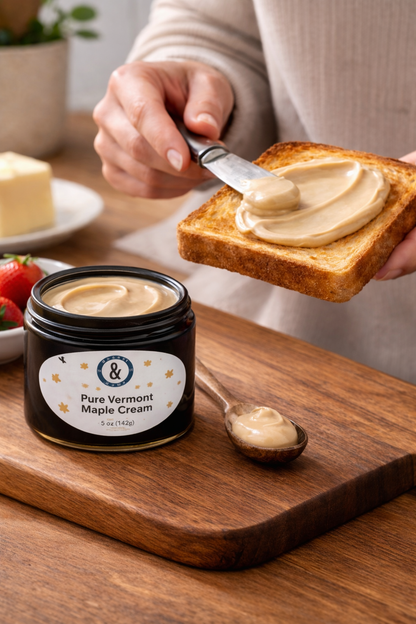 Person spreading maple cream on toast with a jar of the product on a wooden cutting board.